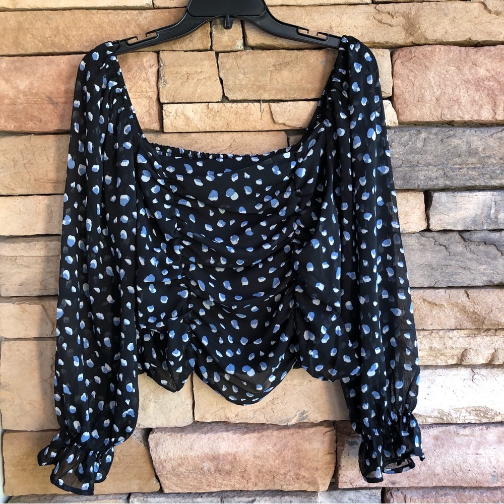 Pleione black blue white dot sheer elastic gathered long sleeve blouse Large NWT